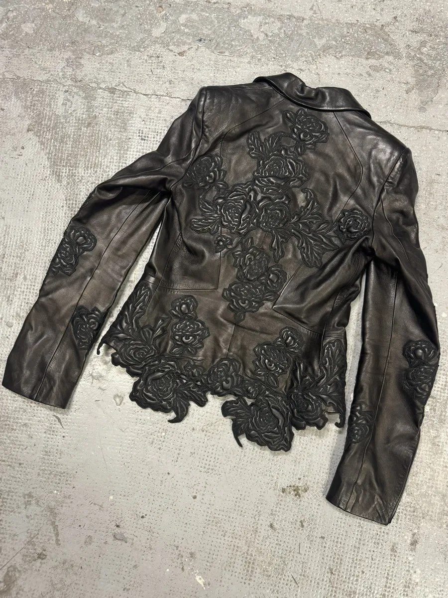 AW2003 Roberto Cavalli Flowers Black Perfored Leather Jacket - Image 4