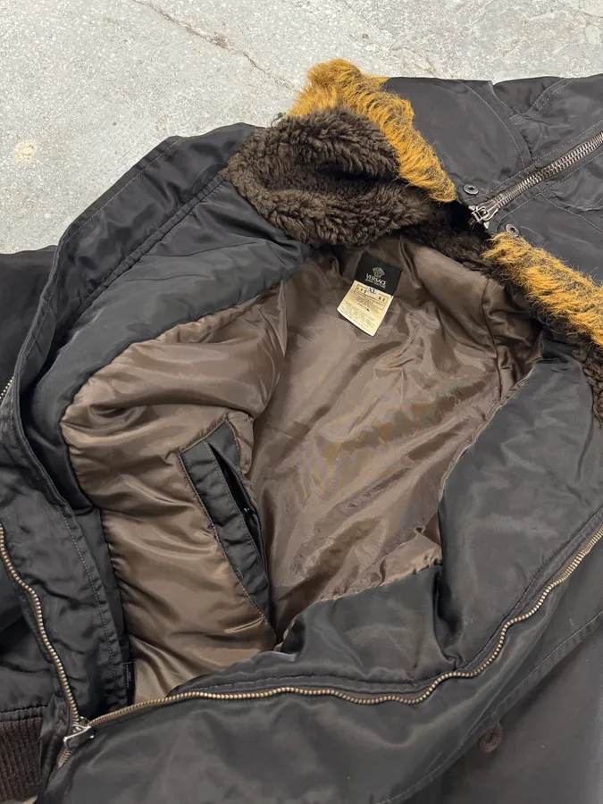 AW2003 Versace Black Zip Fur Hood Bomber Jacket - Image 5