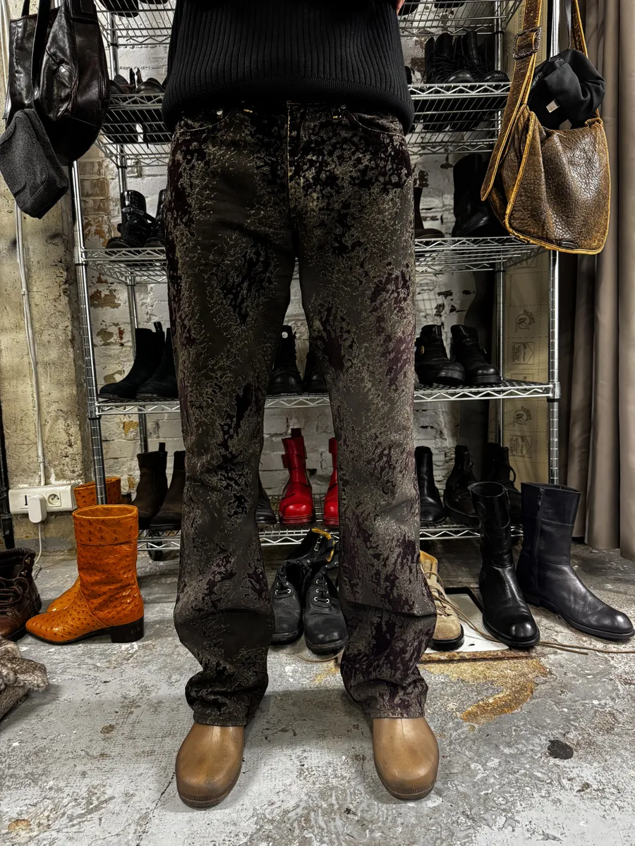 AW2003 Versace Green Velvet Red Blood Effect Pants - Image 3