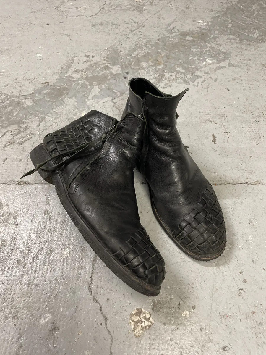 AW2003 Yohji Yamamoto Embossed Woven Black Leather Boots - Image 11