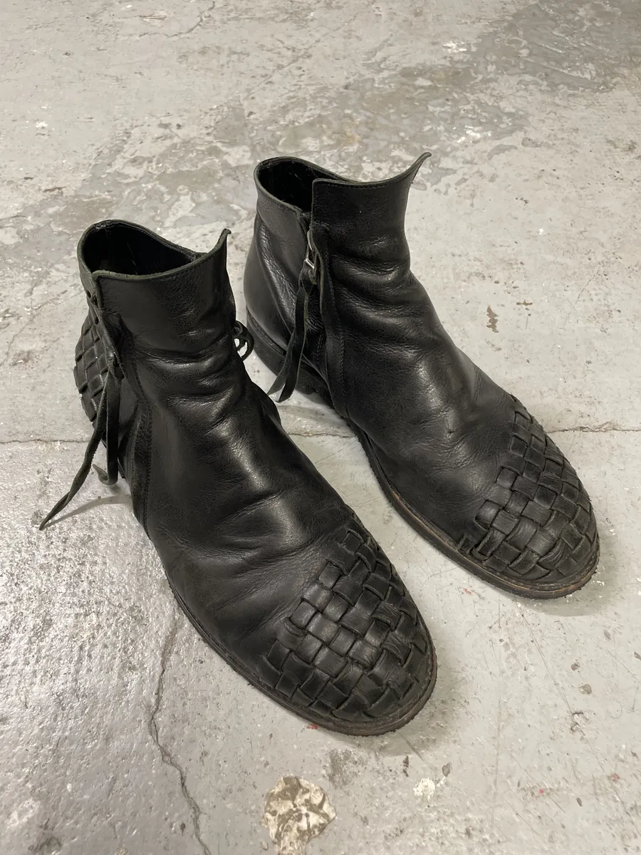 AW2003 Yohji Yamamoto Embossed Woven Black Leather Boots - Image 3