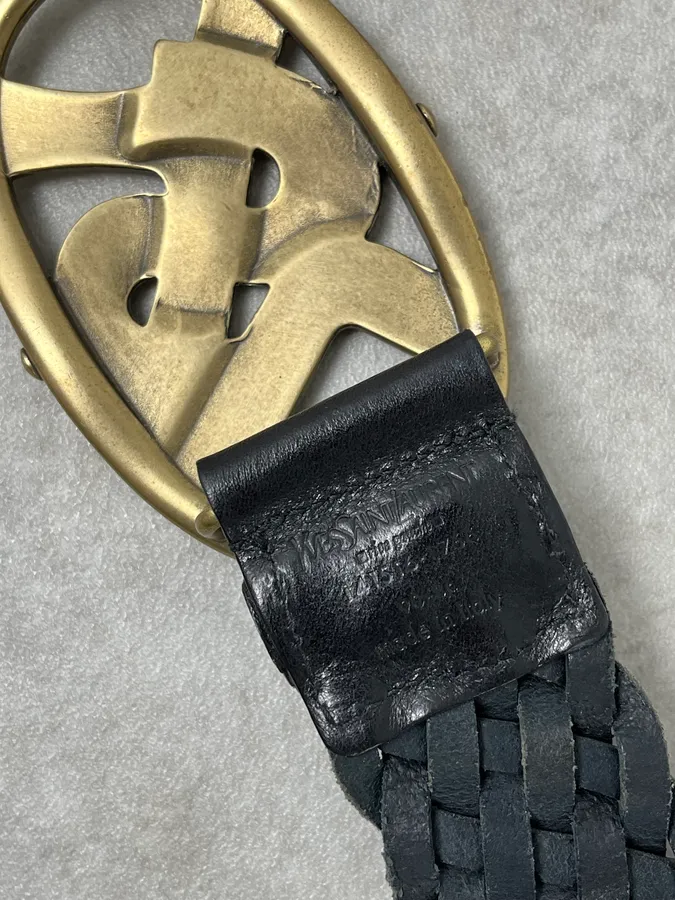 AW2003 Yves Saint Laurent Golden YSL Logo Buckle Black Woven Leather Belt - Image 6