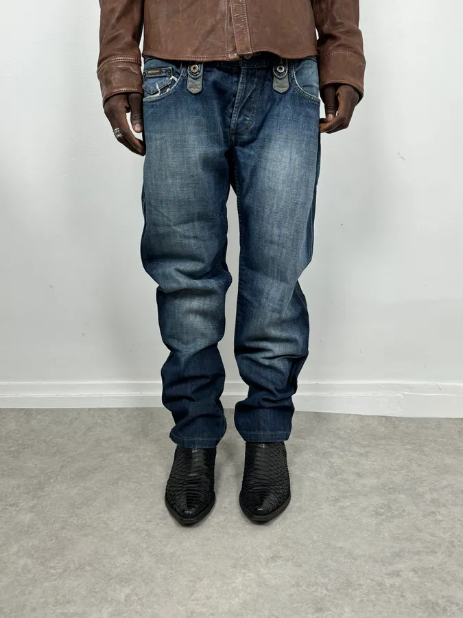 AW2004 Dolce & Gabbana Blue Biker Faded Denim Jeans - Image 2