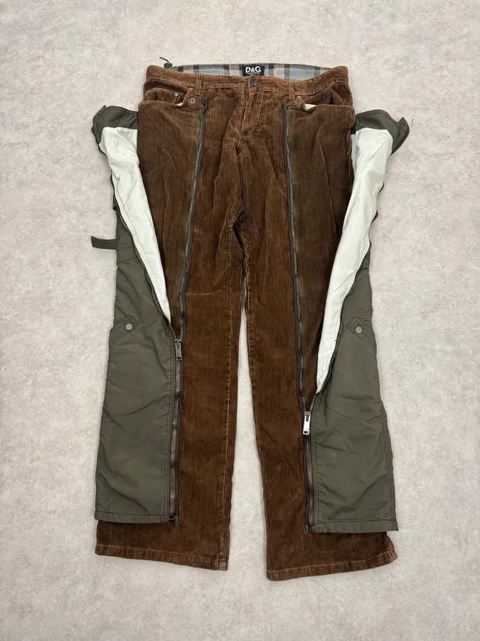 AW2004 Dolce & Gabbana Brown Corduroy & Green Nylon Aviator Cargo Pants