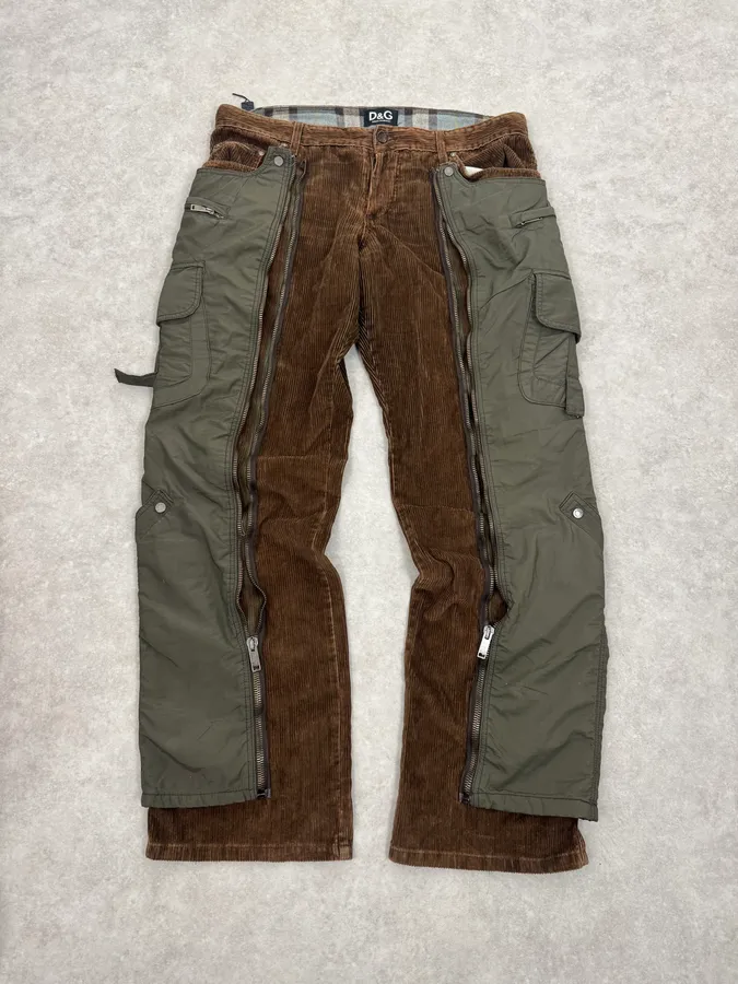 AW2004 Dolce & Gabbana Brown Corduroy & Green Nylon Aviator Cargo Pants - Image 3