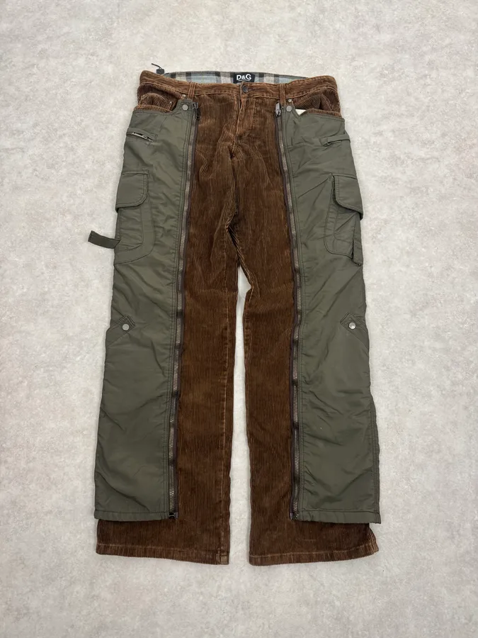 AW2004 Dolce & Gabbana Brown Corduroy & Green Nylon Aviator Cargo Pants - Image 7
