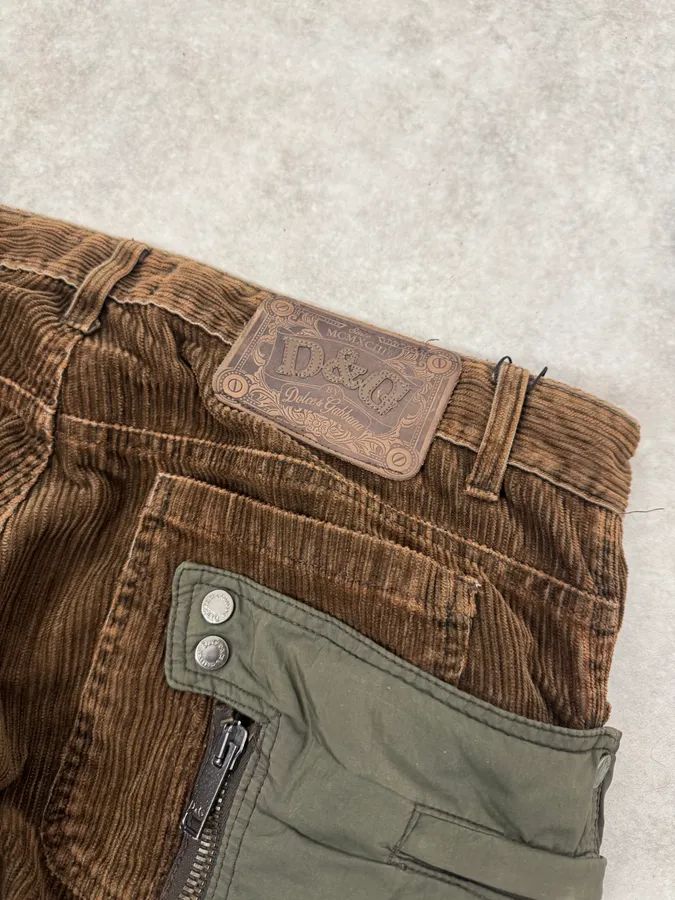 AW2004 Dolce & Gabbana Brown Corduroy & Green Nylon Aviator Cargo Pants - Image 9