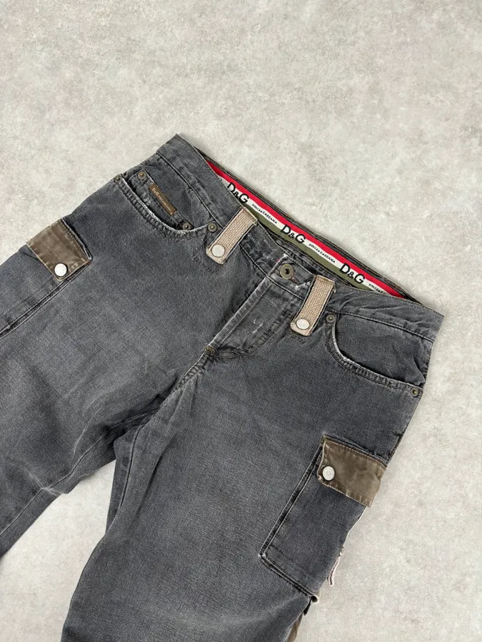 AW2004 Dolce & Gabbana Grey Contrast Lateral Bands Cargo Denim Jeans - Image 5