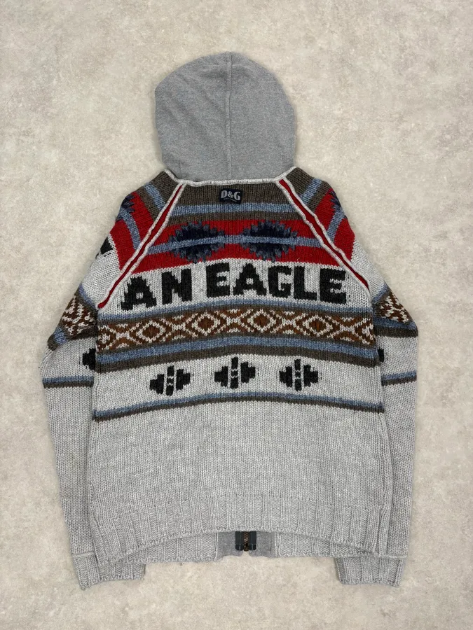 AW2004 Dolce & Gabbana Grey Wool Eagle Intarsia Zip Hoodie - Image 7