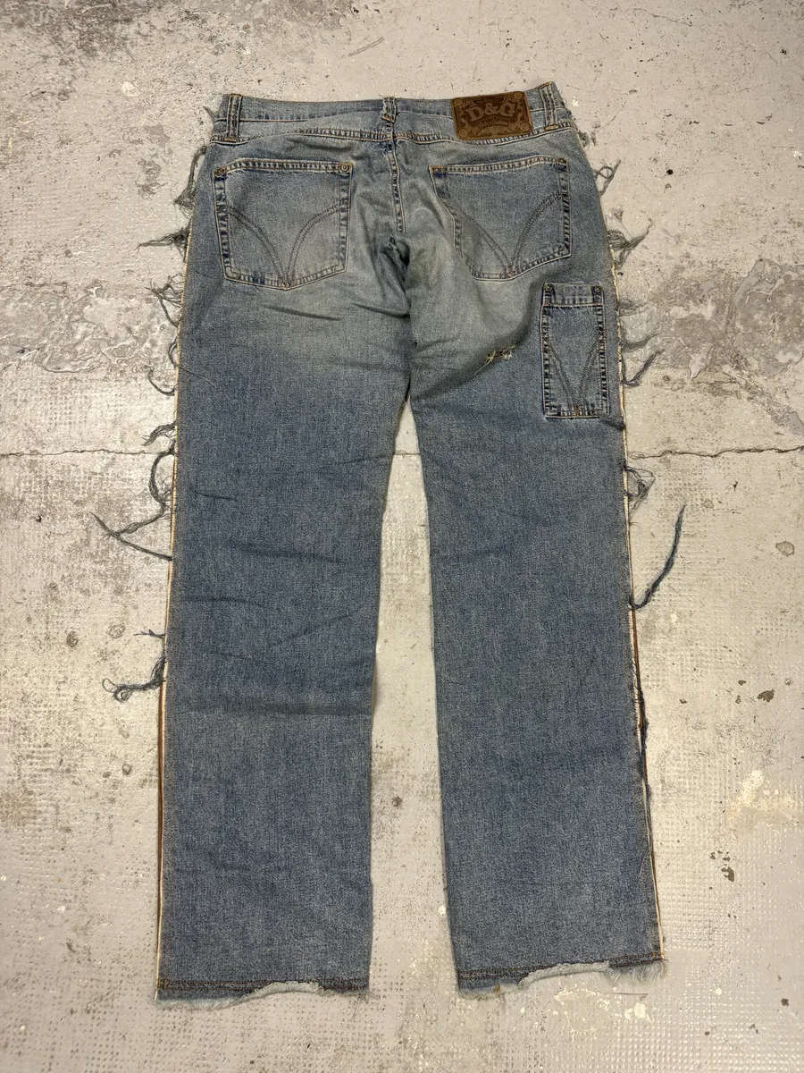 AW2004 Dolce & Gabbana Hybrid Brown Velvet Blue Distressed Denim Jeans - Image 2
