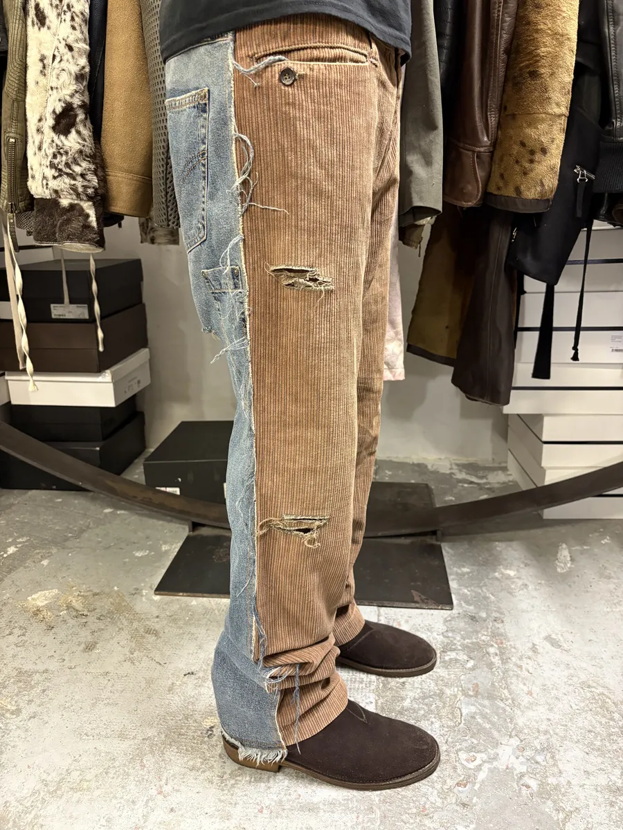 AW2004 Dolce & Gabbana Hybrid Brown Velvet Blue Distressed Denim Jeans - Image 3