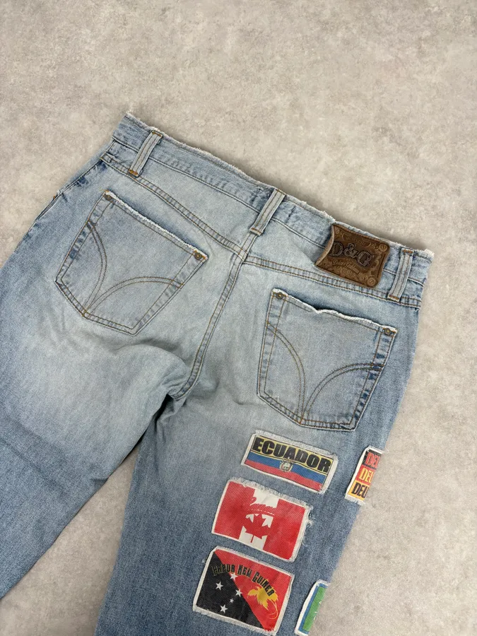 AW2004 Dolce & Gabbana Light Blue Distressed Patch Flag Denim Jeans - Image 7