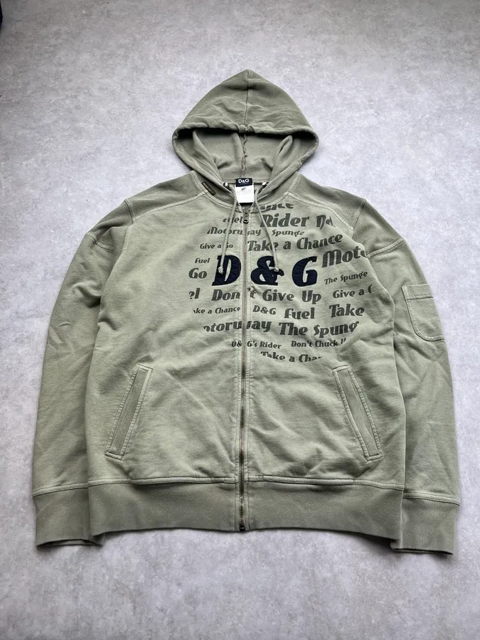 AW2004 Dolce & Gabbana Poem Green Khaki Zip-Up Hoodie - Image 3