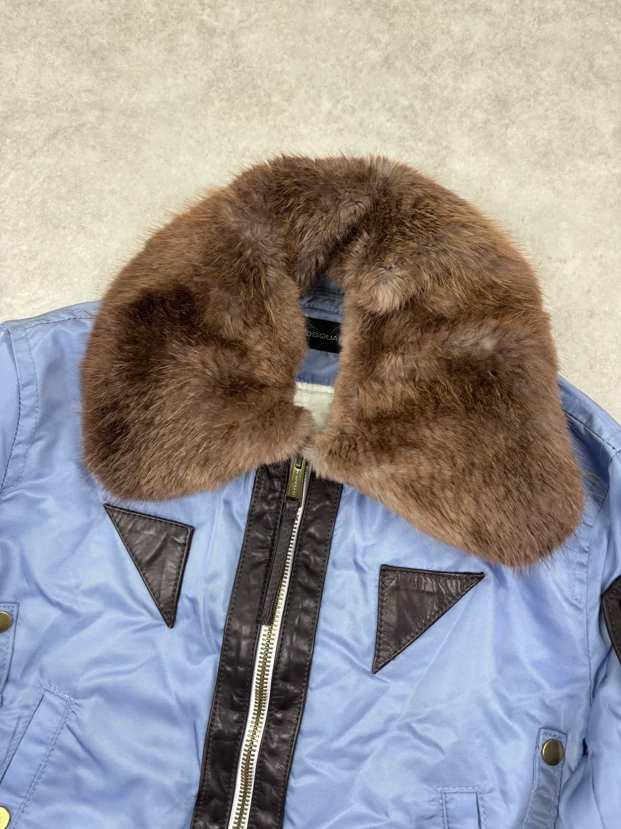 AW2004 Dsquared2 Light Blue Nylon Detachable Fur Collar Bomber Jacket - Image 5