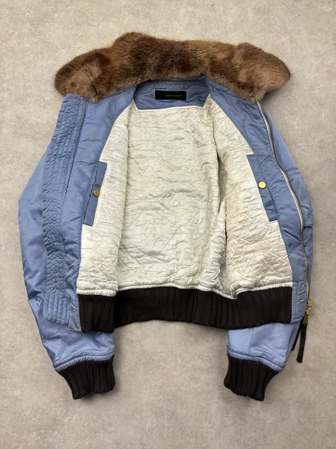 AW2004 Dsquared2 Light Blue Nylon Detachable Fur Collar Bomber Jacket - Image 8