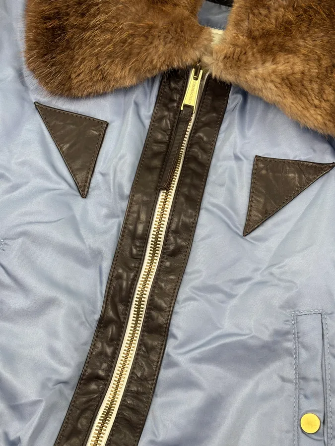 AW2004 Dsquared2 Light Blue Nylon Detachable Fur Collar Bomber Jacket - Image 9