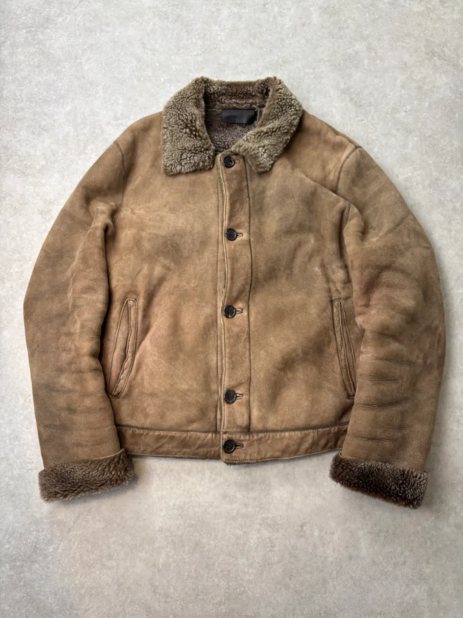 AW2004 Prada Taupe Suede Leather Shearling Collar Buttoned Jacket