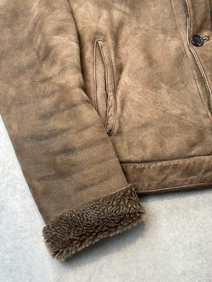 AW2004 Prada Taupe Suede Leather Shearling Collar Buttoned Jacket - Image 8