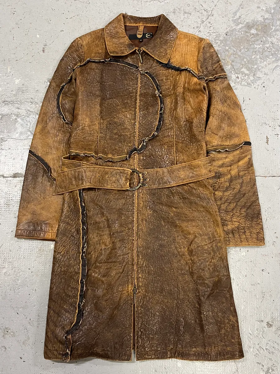 AW2005 Cavalli Asymmetrical Raw Brown Leather Trench Jacket