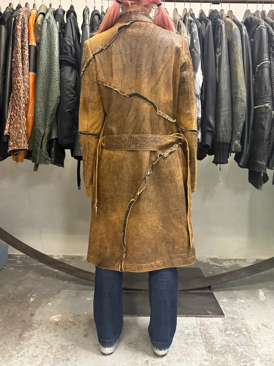 AW2005 Cavalli Asymmetrical Raw Brown Leather Trench Jacket - Image 3