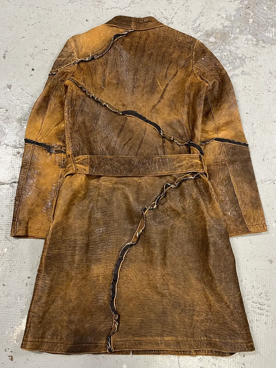 AW2005 Cavalli Asymmetrical Raw Brown Leather Trench Jacket - Image 8