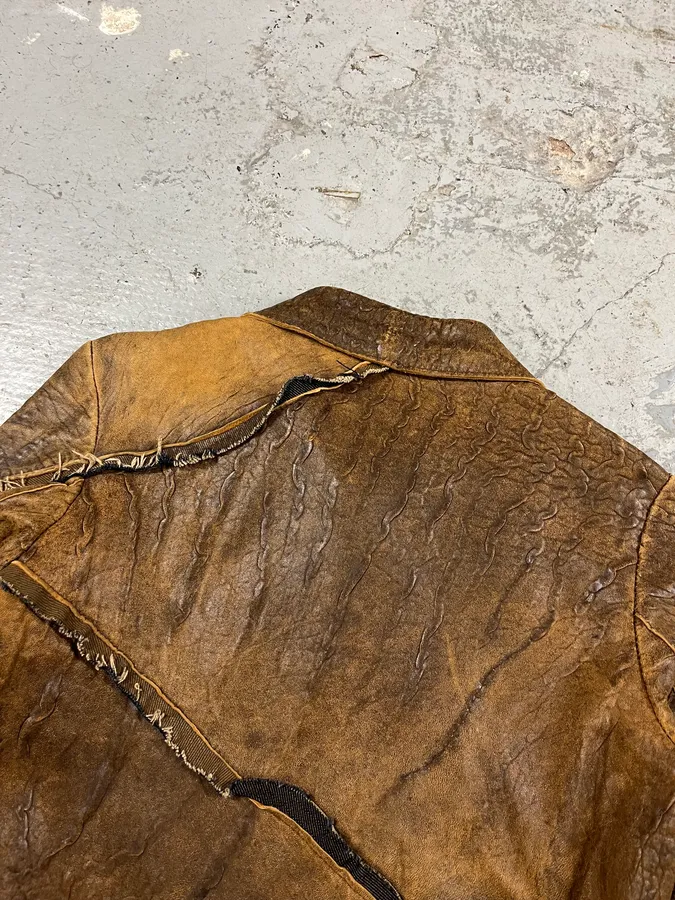 AW2005 Cavalli Asymmetrical Raw Brown Leather Trench Jacket - Image 9