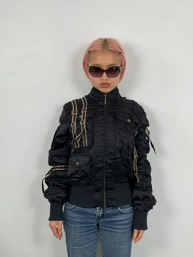 AW2005 Cavalli Black Silk Multi-Pocket Cargo Gun Bomber Jacket - Image 2