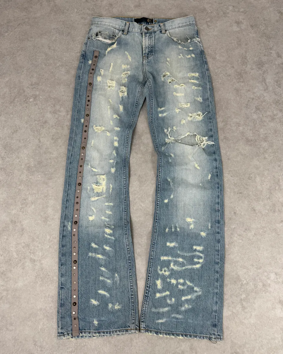AW2005 Cavalli Blue Distressed Studded Denim Jeans