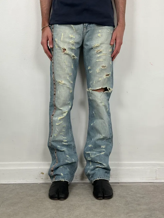 AW2005 Cavalli Blue Distressed Studded Denim Jeans - Image 2