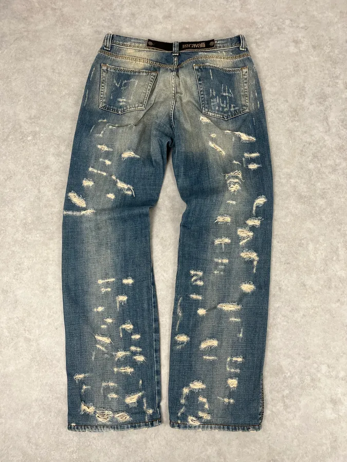 AW2005 Cavalli Blue Faded Distressed Denim Jeans - Image 7