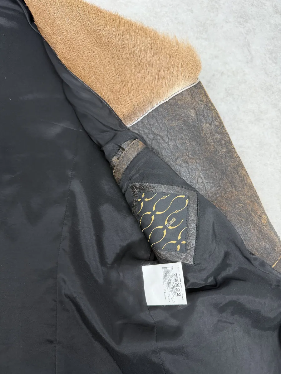 AW2005 Cavalli Brown Eroded Leather Fur-Collar Jacket - Image 11