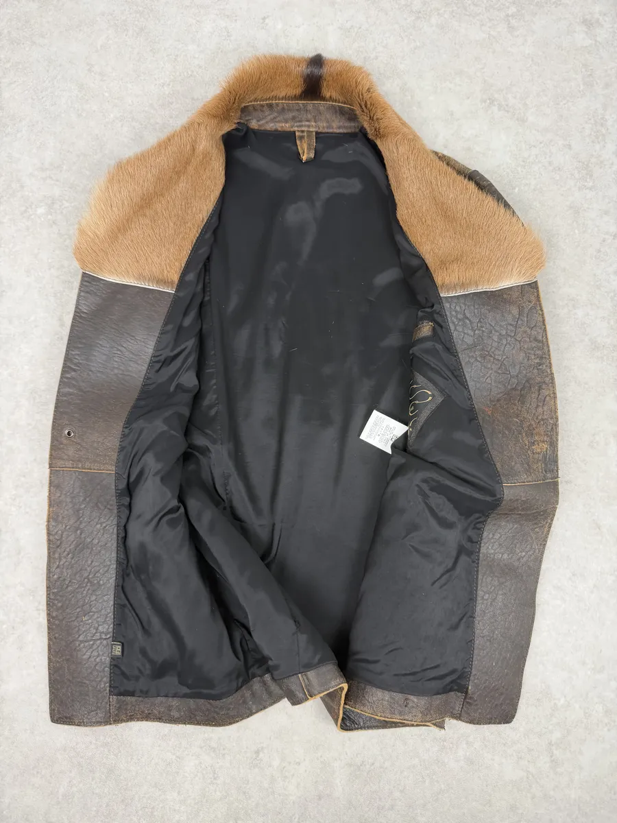 AW2005 Cavalli Brown Eroded Leather Fur-Collar Jacket - Image 13