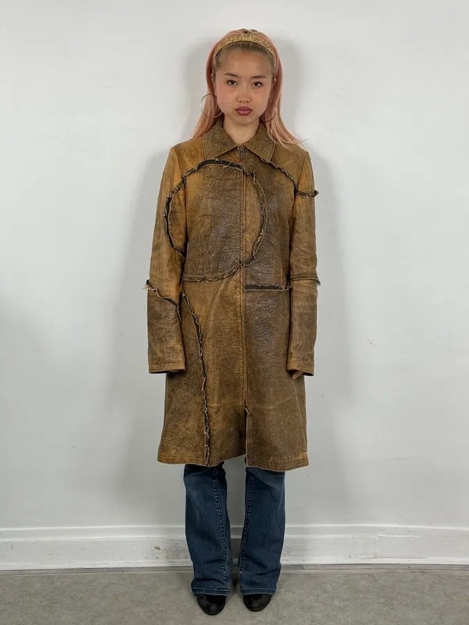 AW2005 Cavalli Brown Eroded Leather Trench Coat - Image 2