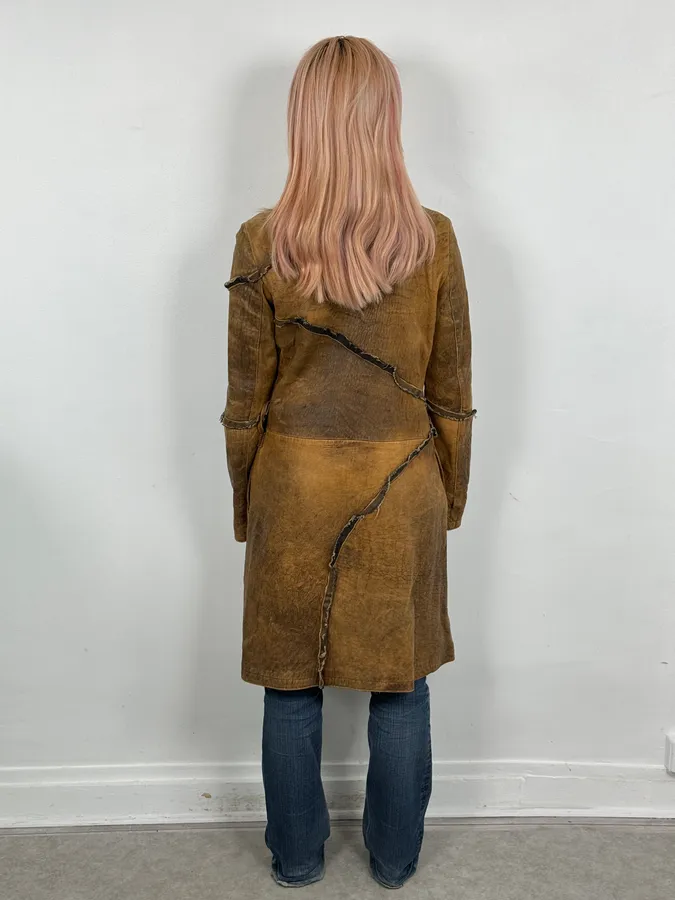 AW2005 Cavalli Brown Eroded Leather Trench Coat - Image 3