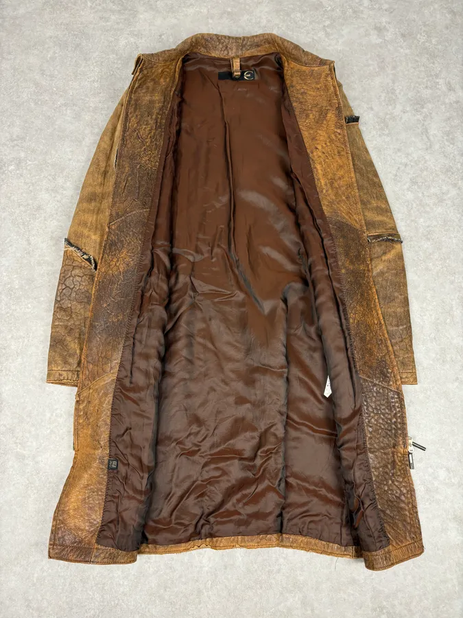 AW2005 Cavalli Brown Eroded Leather Trench Coat - Image 7