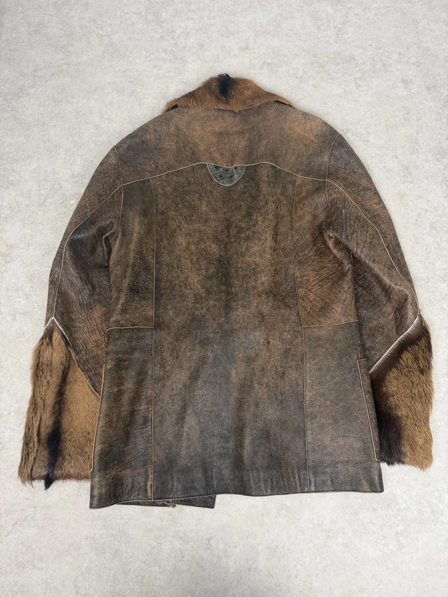 AW2005 Cavalli Brown Fur Raw Faded Leather Jacket - Image 2
