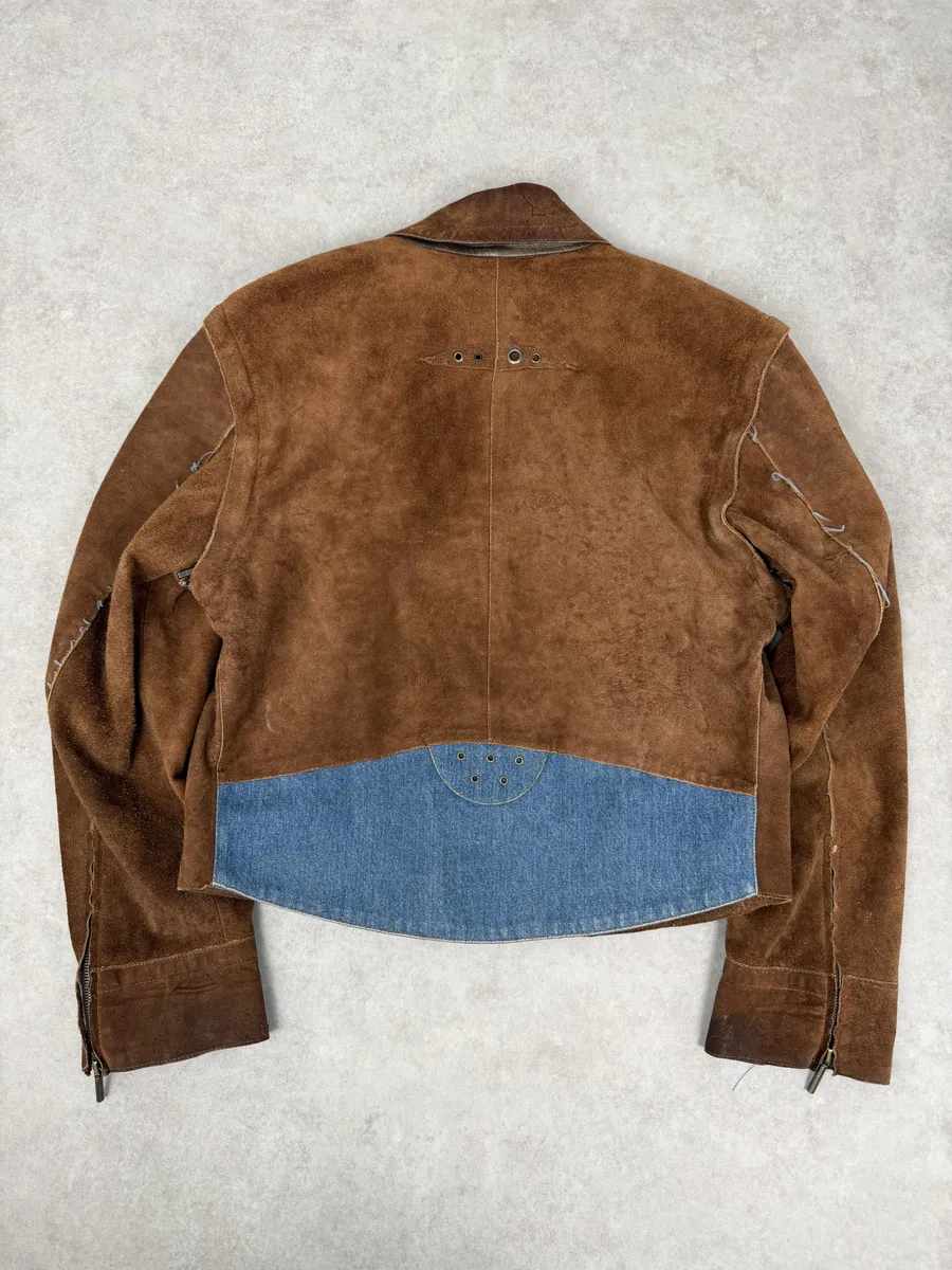 AW2005 Cavalli Contemporary Detachable Sleeves Brown Suede Denim Leather Jacket - Image 6