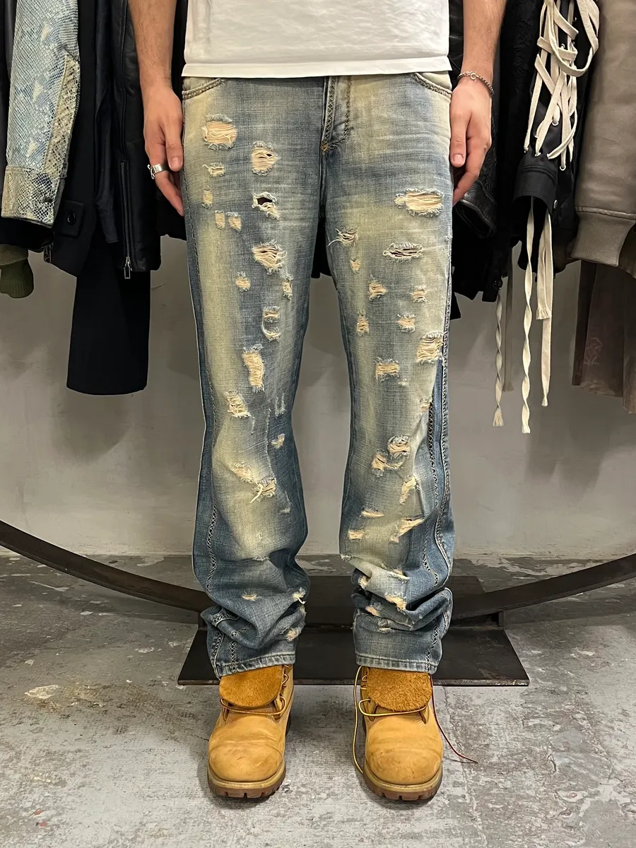 AW2005 Cavalli Cross Stiches Distressed Blue Denim Jeans - Image 2