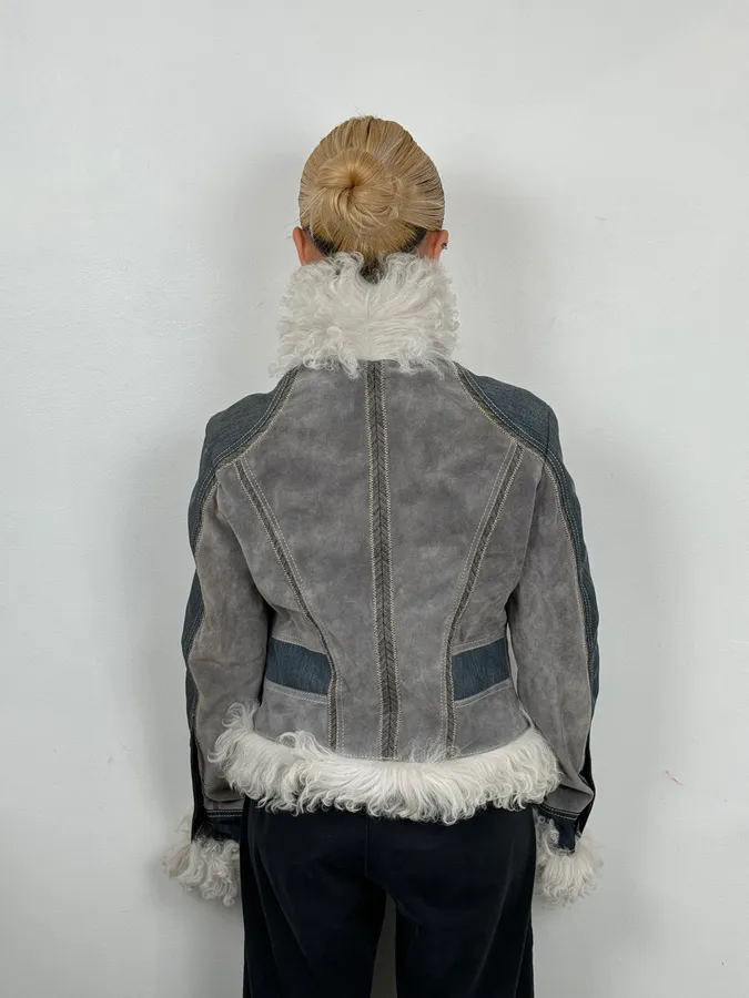 AW2005 Cavalli Mongolian Fur Grey Leather & Blue Denim Jacket - Image 5