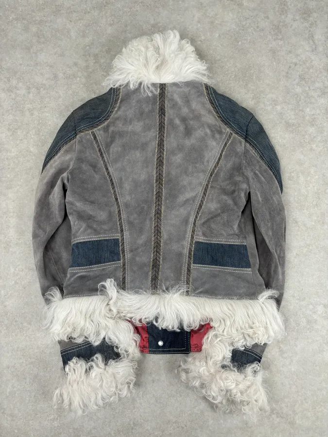 AW2005 Cavalli Mongolian Fur Grey Leather & Blue Denim Jacket - Image 8