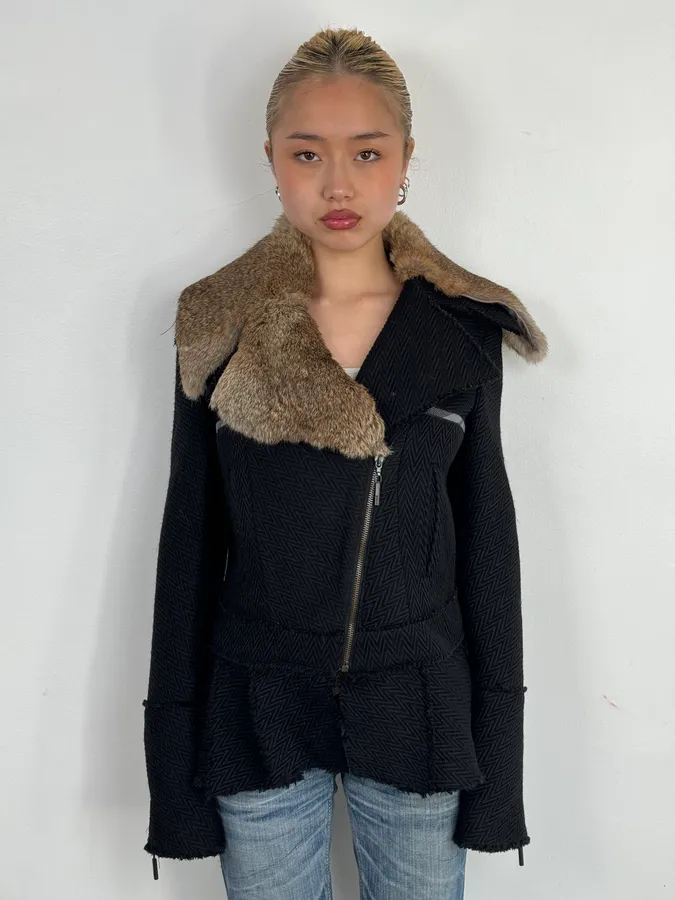 AW2005 Cavalli Rabbit Fur Collar Asymmetrical Black Wool Jacket - Image 2