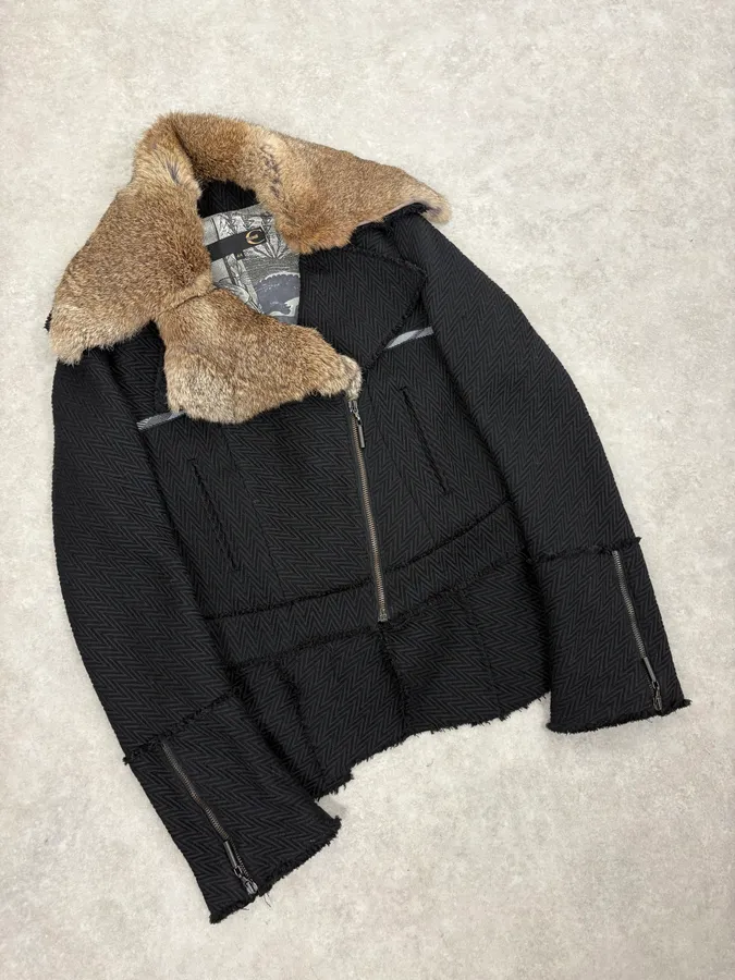 AW2005 Cavalli Rabbit Fur Collar Asymmetrical Black Wool Jacket - Image 4
