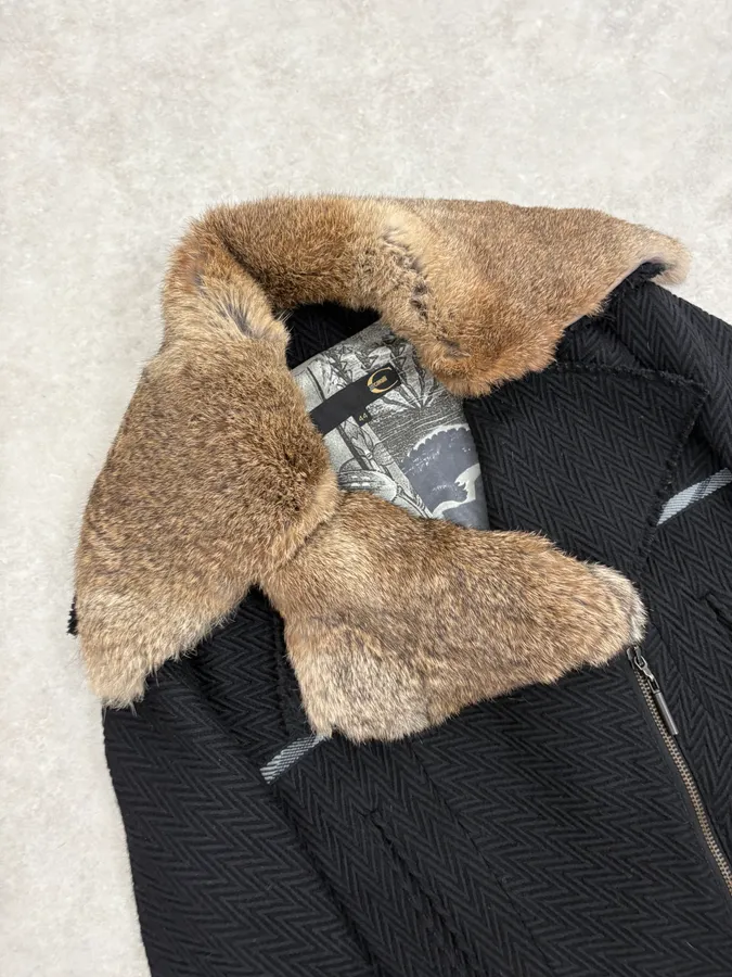 AW2005 Cavalli Rabbit Fur Collar Asymmetrical Black Wool Jacket - Image 5