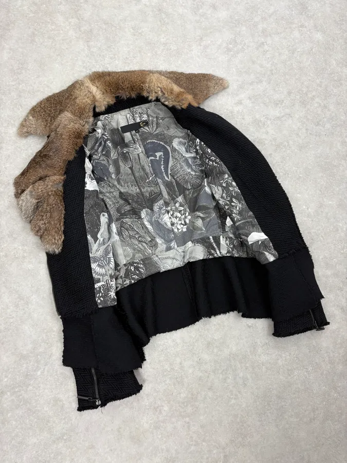 AW2005 Cavalli Rabbit Fur Collar Asymmetrical Black Wool Jacket - Image 7