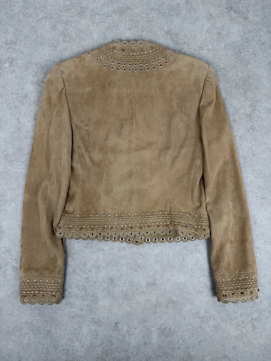 AW2005 Christian Dior Beige Suede Studded Embellished Leather Jacket - Image 6
