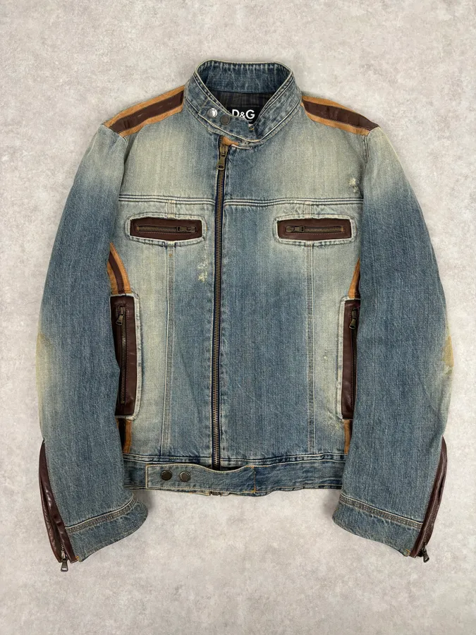 AW2005 Dolce & Gabbana Asymmetrical Zip Biker Leather & Blue Denim Jacket