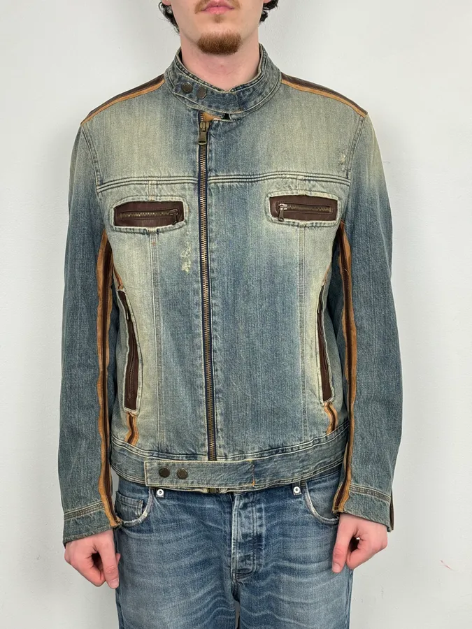 AW2005 Dolce & Gabbana Asymmetrical Zip Biker Leather & Blue Denim Jacket - Image 2
