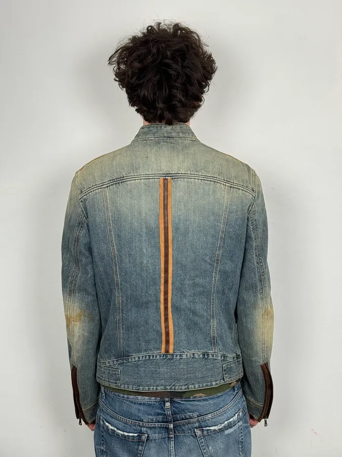 AW2005 Dolce & Gabbana Asymmetrical Zip Biker Leather & Blue Denim Jacket - Image 3