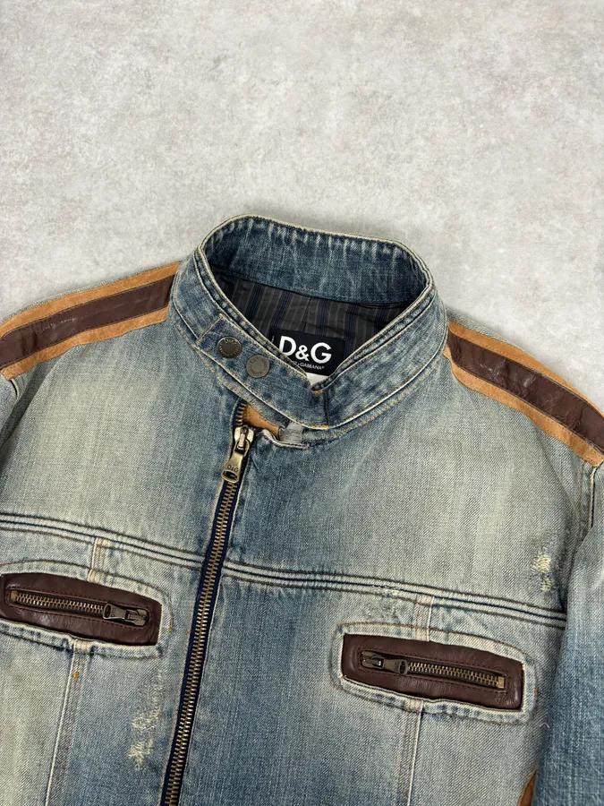 AW2005 Dolce & Gabbana Asymmetrical Zip Biker Leather & Blue Denim Jacket - Image 4