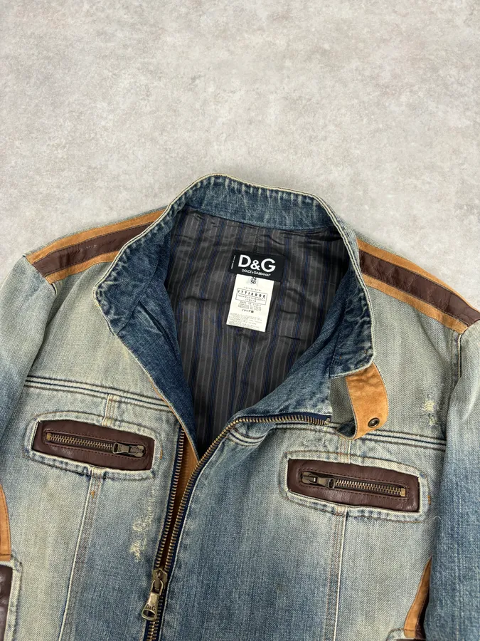 AW2005 Dolce & Gabbana Asymmetrical Zip Biker Leather & Blue Denim Jacket - Image 5